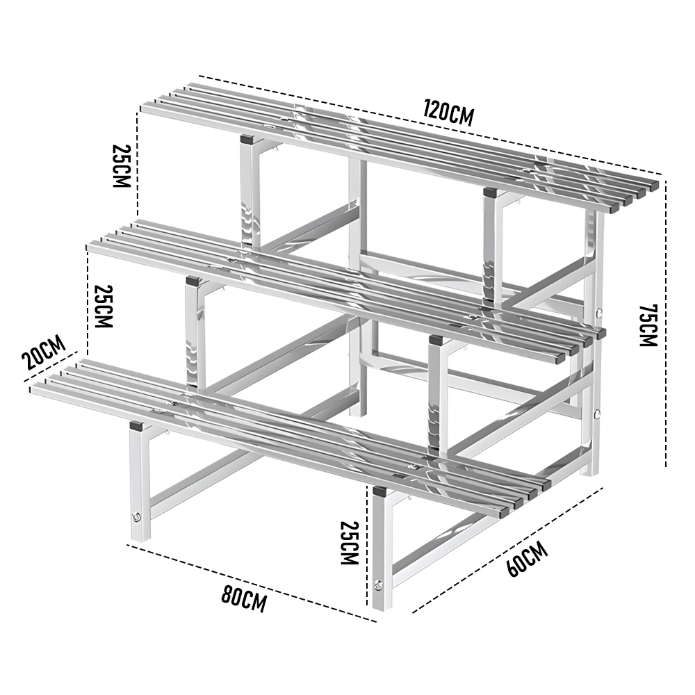 3 Tiers LARGE Plant Stand 120cm Width Stainless Steel Pots Holder Plant Stand Rack Flower Pots Ladder Display Shelf Pot Organiser for Garden Patio