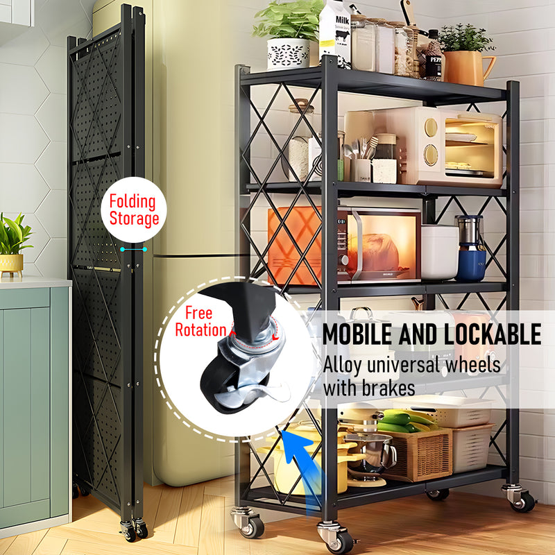 5 Tier Foldable Shelf Metal Display Rack Floor Standing Storage Capacity 100kg with Wheels for Commercial Retail Stores Bookcase Home Organizer Black