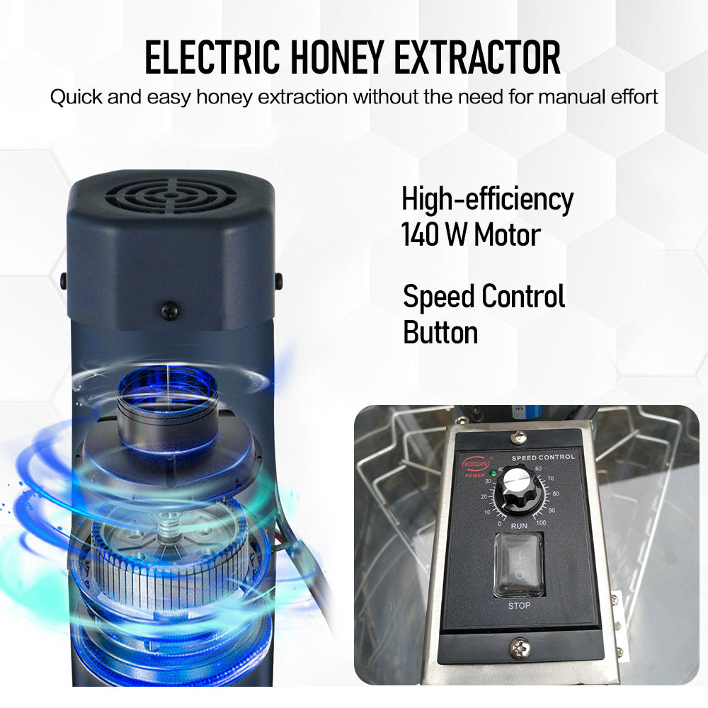 Electric Stainless Steel Honey Extractor Beekeeping Extraction 4-Frame Honeycomb Drum Spinner with 140W Motor and 2 Clear Lids Height Adjustable Stand