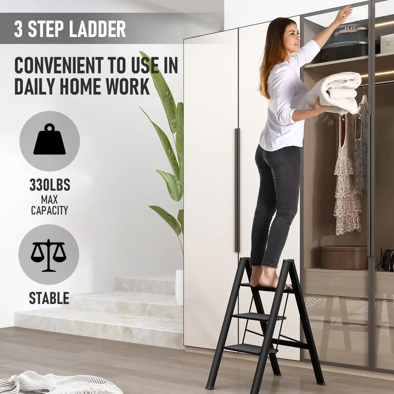 3 Step Folding Ladder Lightweight Aluminum Step Stools for Adults  Portable Stepladder Holds up to 150KG, for Household and Office Home Kitchen