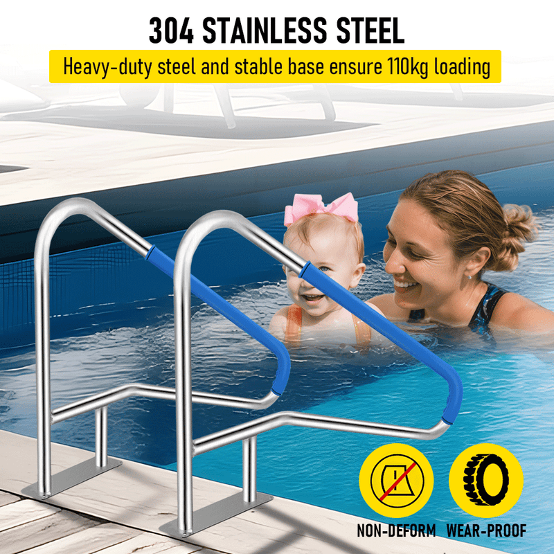 Swimming Pool Handrails 304 Stainless Steel Pool Railing Ladder Steps Grab Bars With Base Plate and Blue Grip Cover 135x80cm