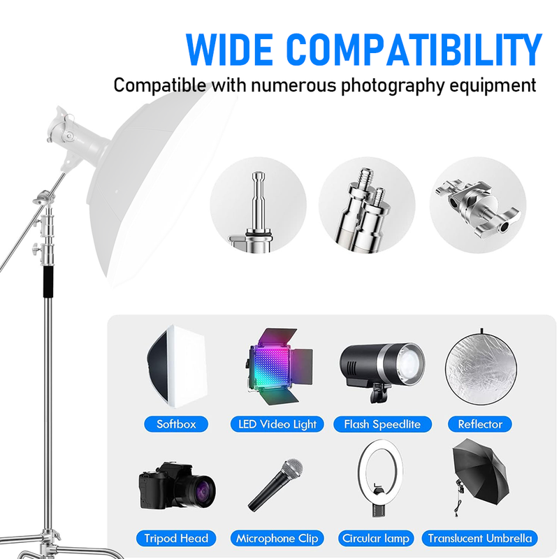 3.3m Heavy-Duty Stainless Steel C-Stand with Boom Arm Grip Head Adjustable Light Stand for Photograph Studio Reflectors Softbox Moonlight with Sandbag