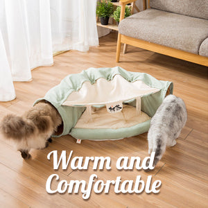 Cat Bed with Tunnel Large Foldable Soft Cushion Bedding Matcha Washable 2-in-1 Cat Bed