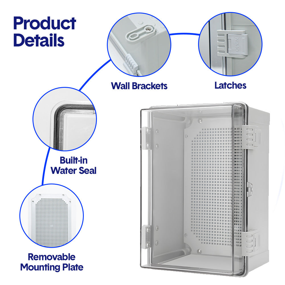 Electrical ABS Junction Box IP66 Waterproof Electrical Enclosure with Clear Hinged Cover and Mounting Plate for Electrical Project 30x20x17cm