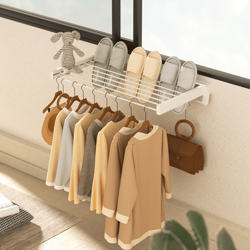 Wall Mounted Drying Rack Clothes Airer Space Saver Folding Dryer Bearing Capacity 25KG Foldable Rail With Hooks Indoor Outdoor Balcony Laundry White