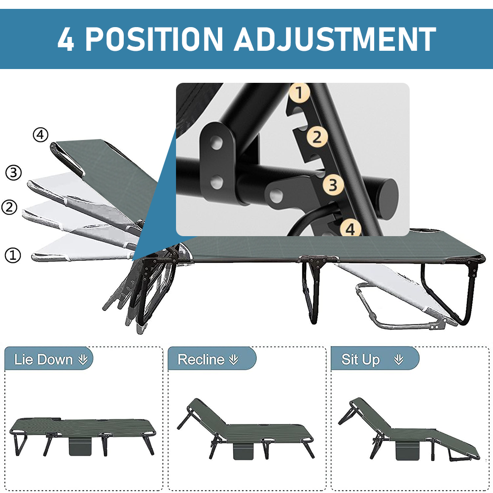 Heavy Duty 200kg Foldable Bed Recliner Chair 4 Reclining Position with Optional Mattress Headrest For Camping Picnic Surf Beach Backyard Relaxation