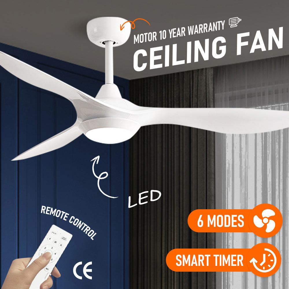 White Ceiling Fan with Light 3 Changeable Light Colors Dimmable LED and 3 Adjustable Wind Speed with Remote Control Fit for 10-20 Square Meters