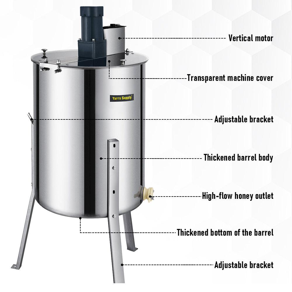 Electric Stainless Steel Honey Extractor Beekeeping Extraction 4-Frame Honeycomb Drum Spinner with 140W Motor and 2 Clear Lids Height Adjustable Stand