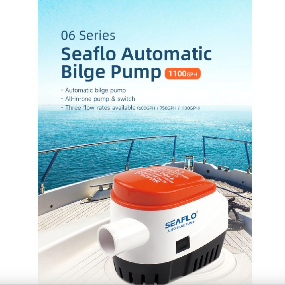 SEAFLO 1100 GPH Automatic Bilge Pump 12V with Built-in Switch Hose Clamps 4.5ft PVC Hose 1-Inch Thru-Hull Fitting for Boats Fully Submersible Durable