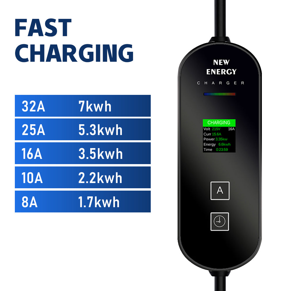 Wall Mountable Type 2 EV Charger for Electric Cars 7kW 32A 5M Optional Current Charging Setting Charging Cable with LCD Display