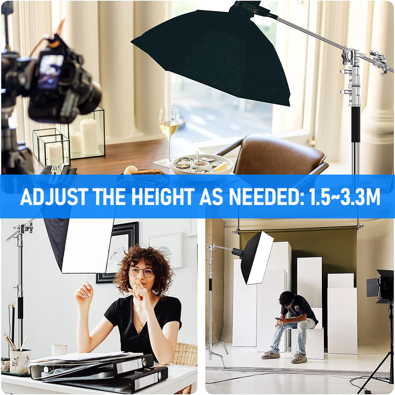 3.3m Heavy-Duty Stainless Steel C-Stand with Boom Arm Grip Head Adjustable Light Stand for Photograph Studio Reflectors Softbox Moonlight with Sandbag