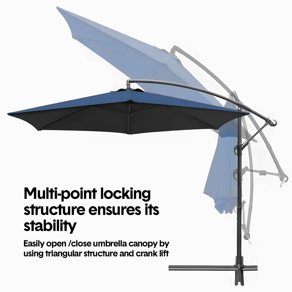 Outdoor Patio Umbrella 3M/10FT Height Adjustable Heavy Duty Sun Shade Waterproof with Cantilever and Stand for Garden Deck Backyard Pool Navy Blue