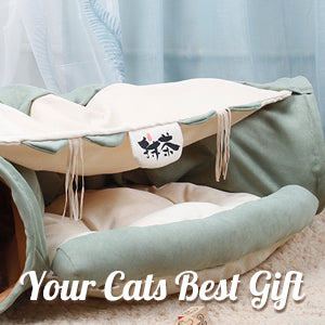 Cat Bed with Tunnel Large Foldable Soft Cushion Bedding Matcha Washable 2-in-1 Cat Bed