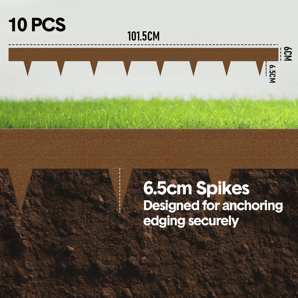 10 Pack Steel Landscape Lawn Edging 101.5cm Strips with Spikes Pre Rusted Edging Garden Divider 2.5cm Depth Patina Bendable Border with 11 Connecting Clips