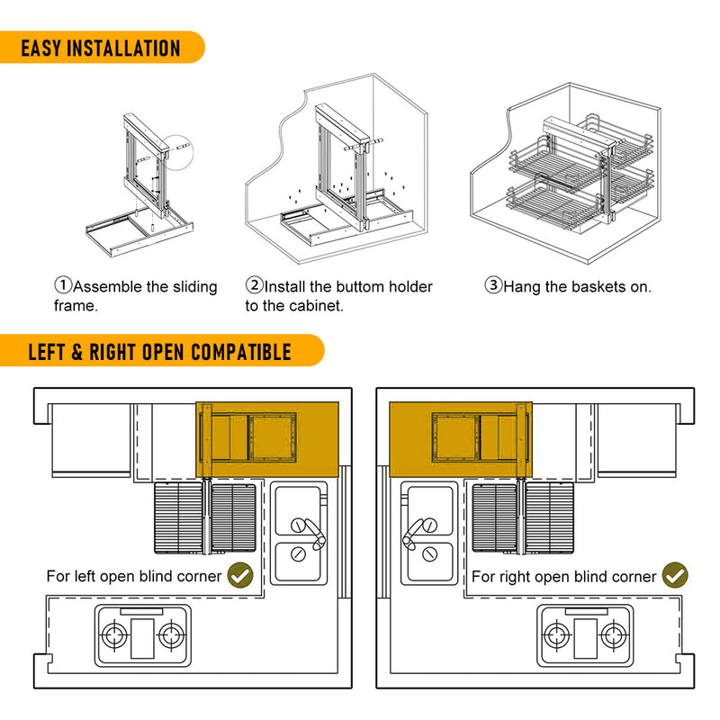 Blind Corner Pull Out Organizer for 31.5'' Cabinet Left Open & Right Open Compatible Min Opening 15'' 2 tier Pull Out Basket Soft Close Bottom Mount