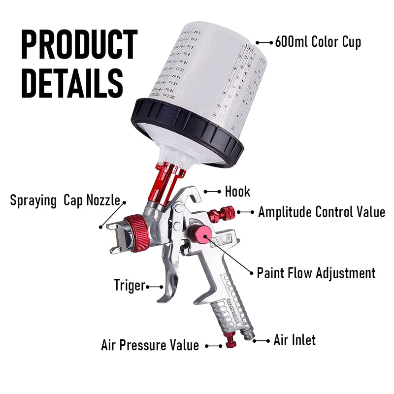 HVLP Air Spray Gun Paint Gun 600CC Gravity Feed Cup Painting Tool With 3 Nozzle 1.4mm 1.7mm 2mm Tips for Wall Fencing Decking Painting