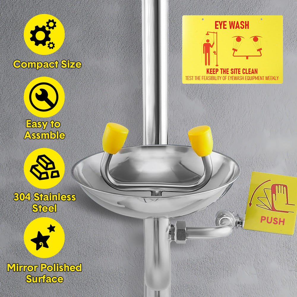 Eye Wash Station Emergency Shower Combination First Aid Face Eye Washer Continuous Flow with Pedal Luminous Sign Stainless Steel