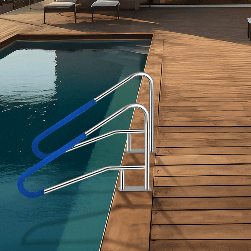 Swimming Pool Handrails 304 Stainless Steel Pool Railing Ladder Steps Grab Bars With Base Plate and Blue Grip Cover 135x80cm