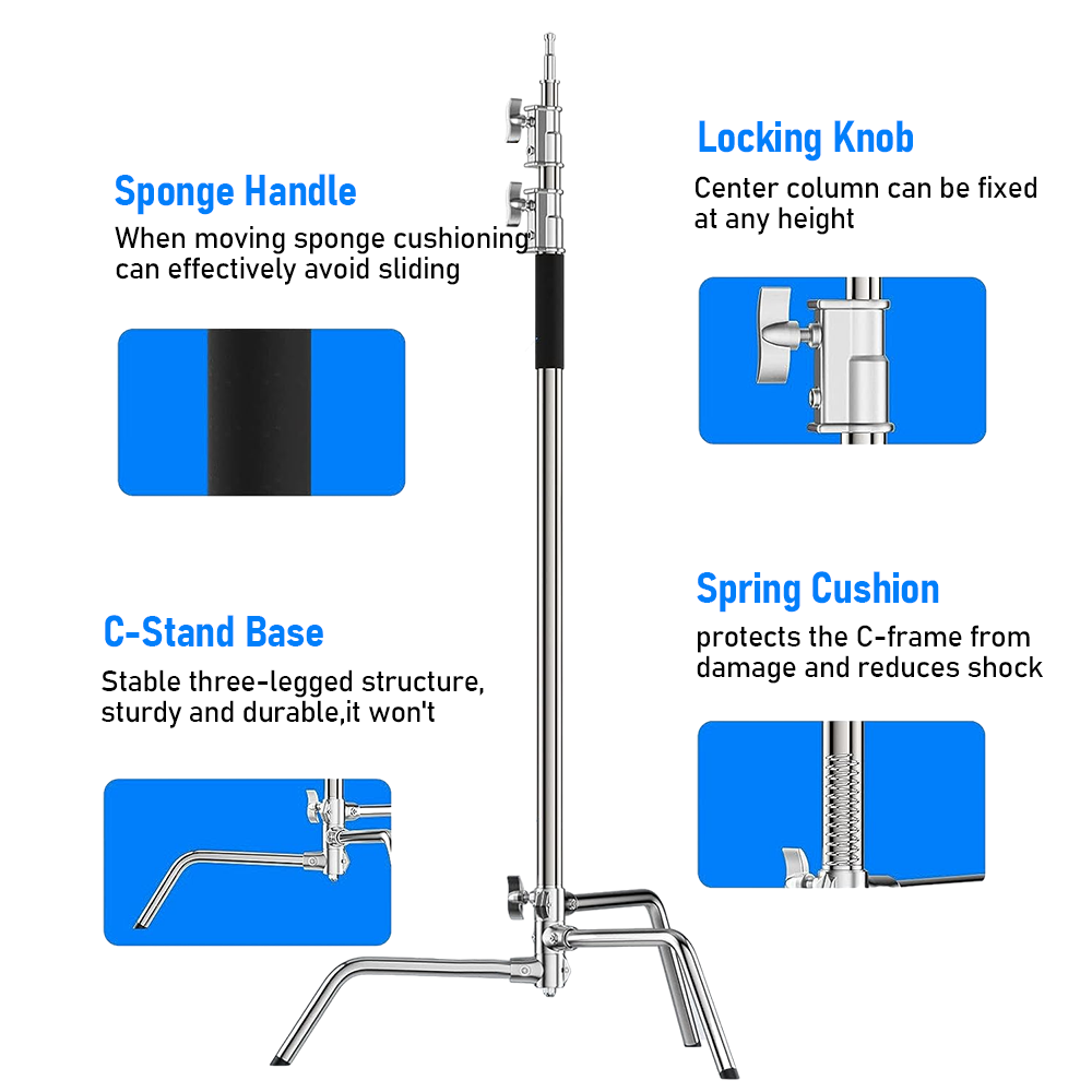 Alston 3.3m Heavy-Duty Stainless Steel C-Stand with Boom Arm Grip Head Adjustable Light Stand for Photograph Studio Reflectors Softbox Moonlight with Sandbag