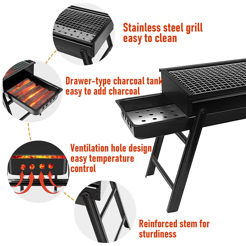 Charcoal BBQ Grill Folding Portable Camping Barbecue Grill Lightweight for Outdoor GrillingCamping Hiking Picnics Tailgating Backpack Party 60x22x37cm