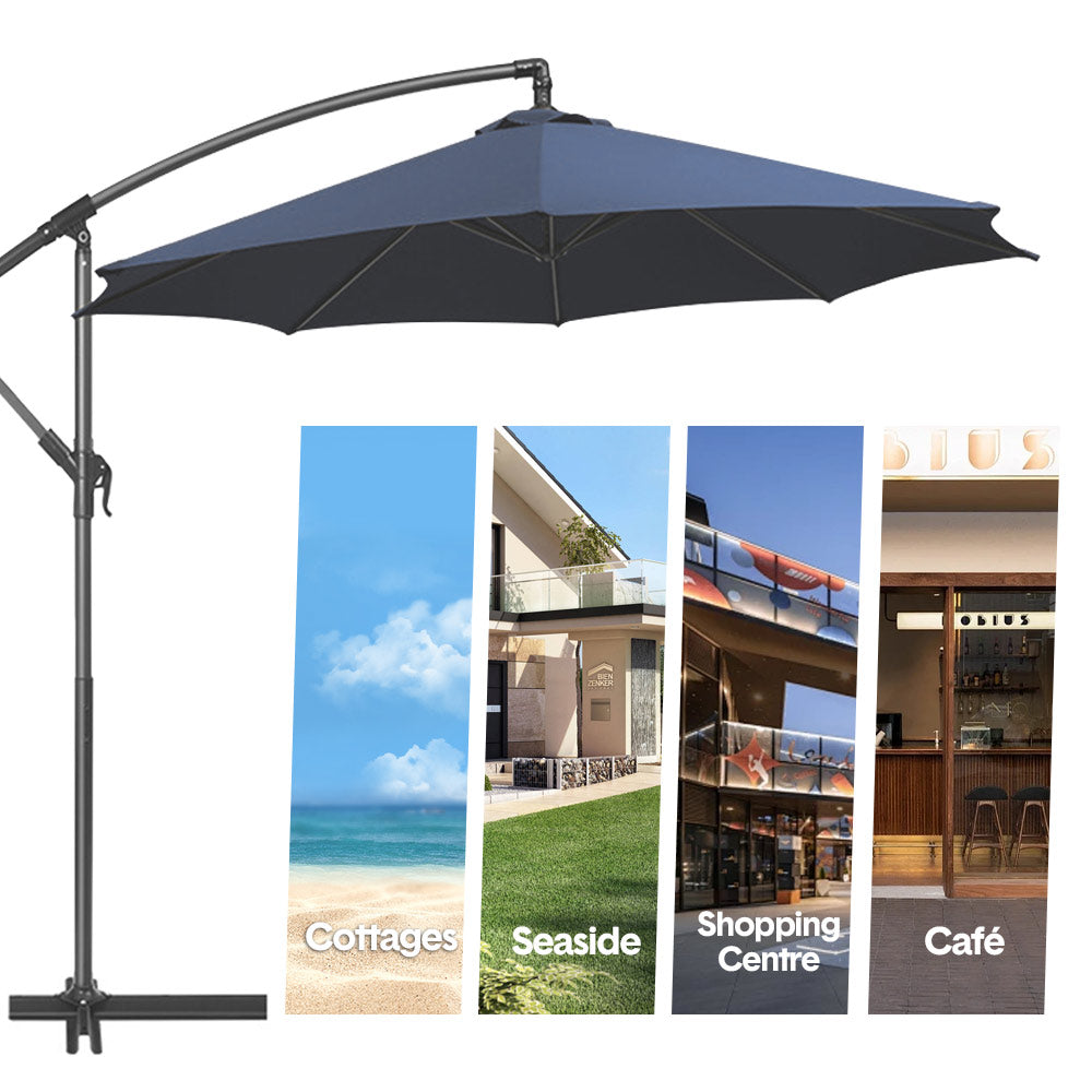 Outdoor Patio Umbrella 3M/10FT Height Adjustable Heavy Duty Sun Shade Waterproof with Cantilever and Stand for Garden Deck Backyard Pool Navy Blue