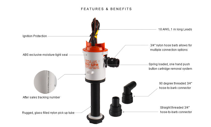 SEAFLO 12V Live Bait Tank Aerator Pump 600GPH Livewell Bilge Pump Kit Fishing