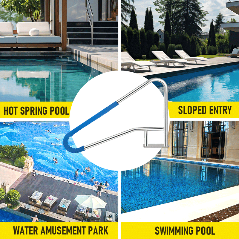 Swimming Pool Handrails 304 Stainless Steel Pool Railing Ladder Steps Grab Bars With Base Plate and Blue Grip Cover 135x80cm