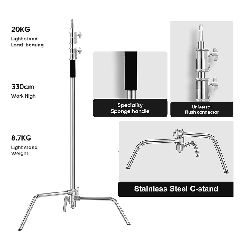 3.3m Heavy-Duty Stainless Steel C-Stand with Boom Arm Grip Head Adjustable Light Stand for Photograph Studio Reflectors Softbox Moonlight with Sandbag