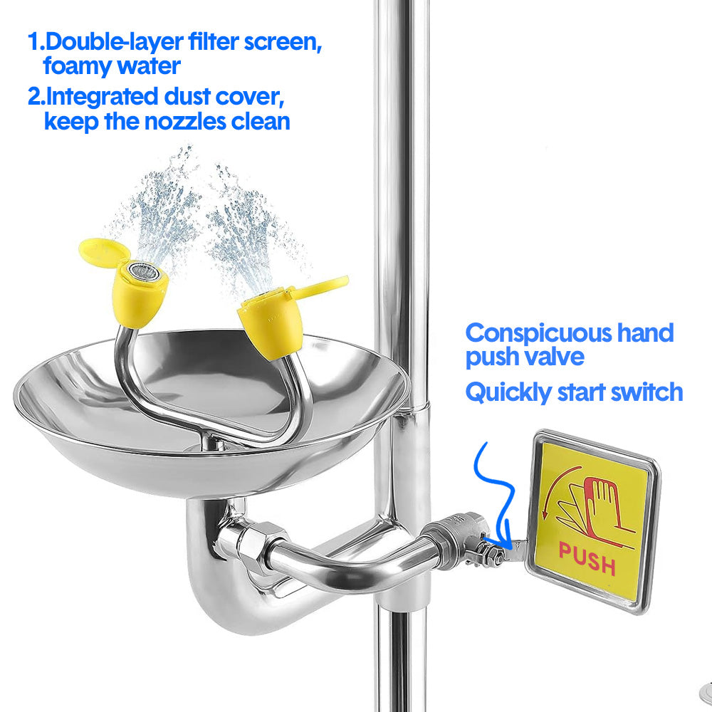 Eye Wash Station Emergency Shower Combination First Aid Face Eye Washer Continuous Flow with Pedal Luminous Sign Stainless Steel