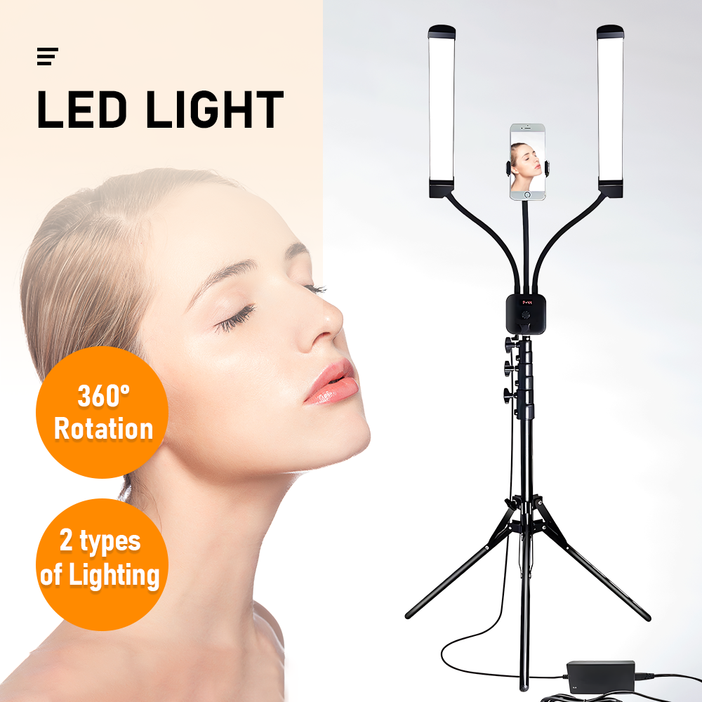 2M 2 Heads LED Beauty Light Stand LED Video Light Dimmable LED Adjustable Stand Photography Kit for Eyelash Extensions Makeup Tattoo with Phone Holder