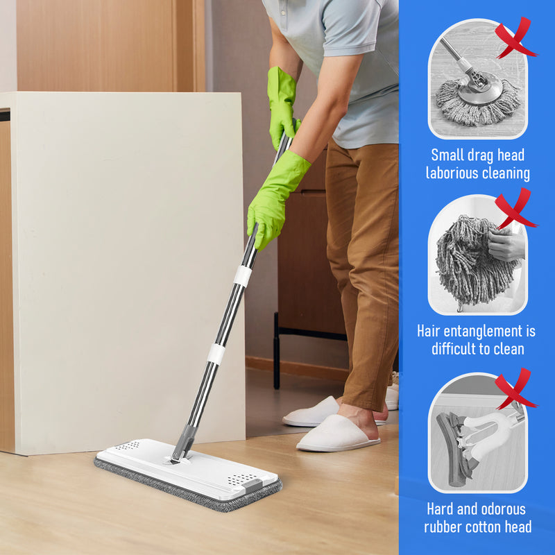 Flat D Set Mop and Bucket Wringer Set with Stainless-Steel Handle 10 Washable and Reusable Microfiber Pads for Hardwood Laminate Floors Tile