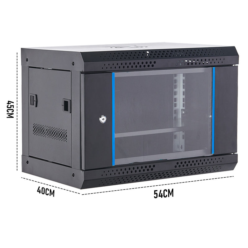 9U Cabinet Server Network Data Rack Wall Mount LAN Rack IT Equipment 20kg Max with Lockable Glass Door and Removable Side Panel Overall 0.6mm 450x542x400mm