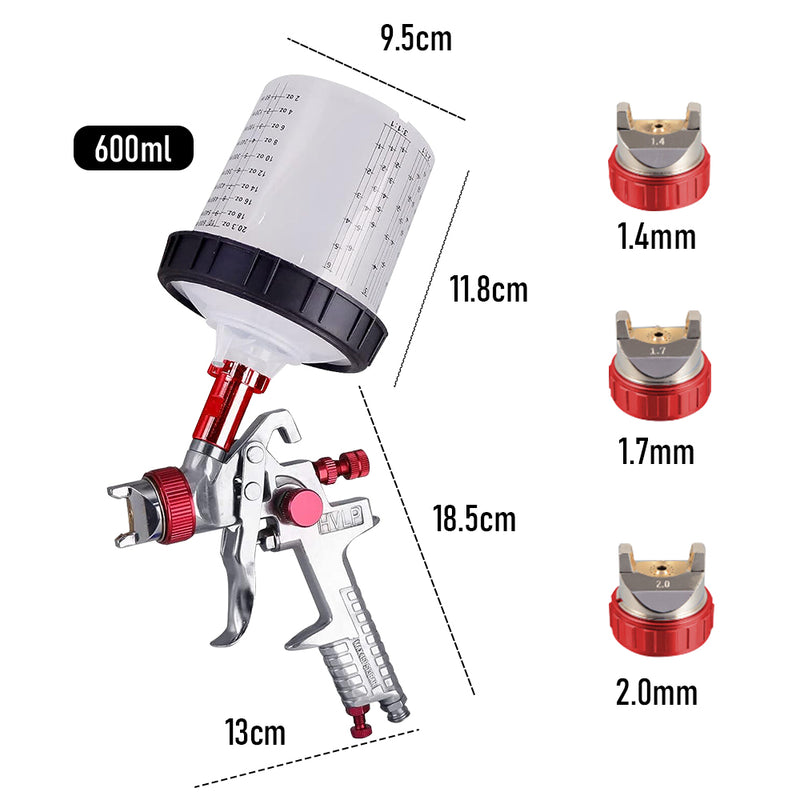 HVLP Air Spray Gun Paint Gun 600CC Gravity Feed Cup Painting Tool With 3 Nozzle 1.4mm 1.7mm 2mm Tips for Wall Fencing Decking Painting