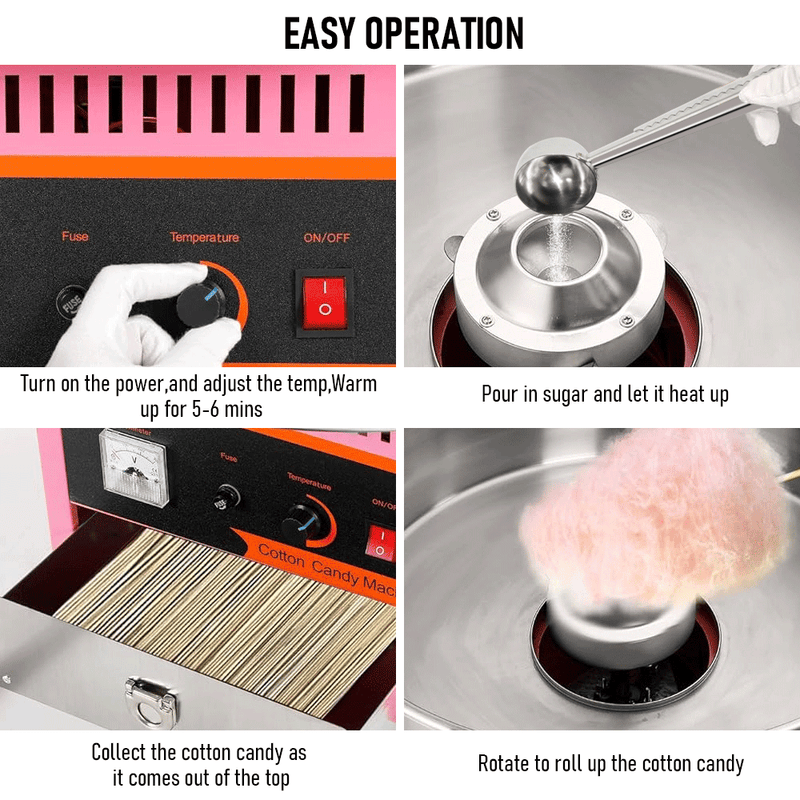 1000W Commercial Electric Cotton Candy Machine Sugar Fairy Floss Maker For Family Party with Stainless Steel Bowl Storage Drawer Pink Color