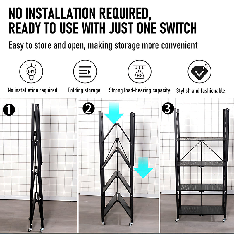 5 Tier Foldable Shelf Metal Display Rack Floor Standing Storage Capacity 100kg with Wheels for Commercial Retail Stores Bookcase Home Organizer Black