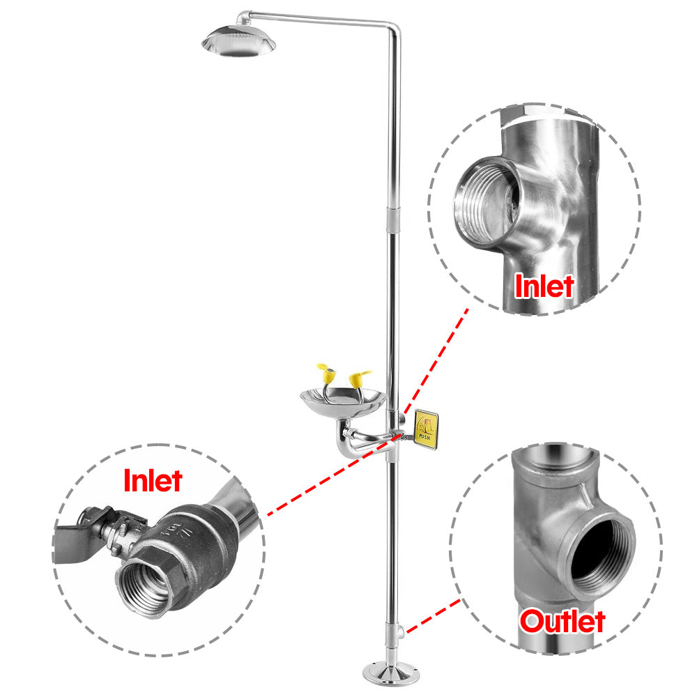 Eye Wash Station Emergency Shower Combination First Aid Face Eye Washer Continuous Flow with Pedal Luminous Sign Stainless Steel