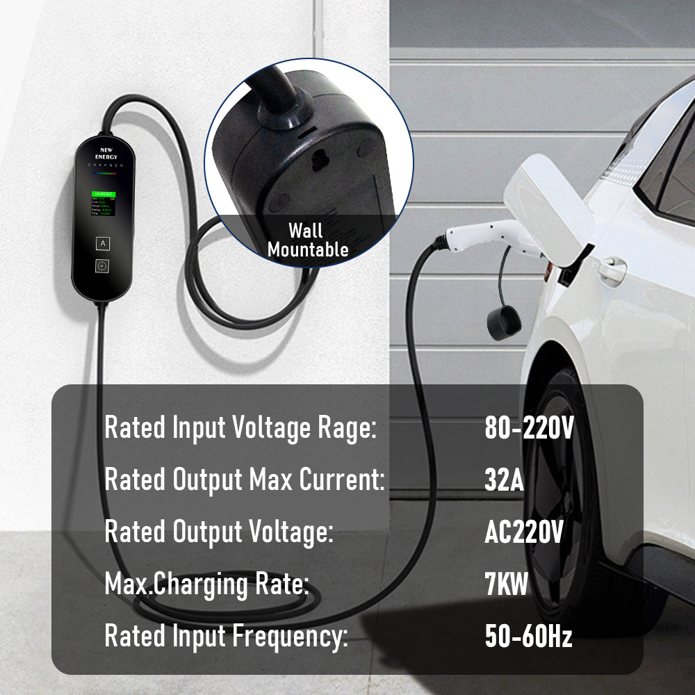 Wall Mountable Type 2 EV Charger for Electric Cars 7kW 32A 5M Optional Current Charging Setting Charging Cable with LCD Display