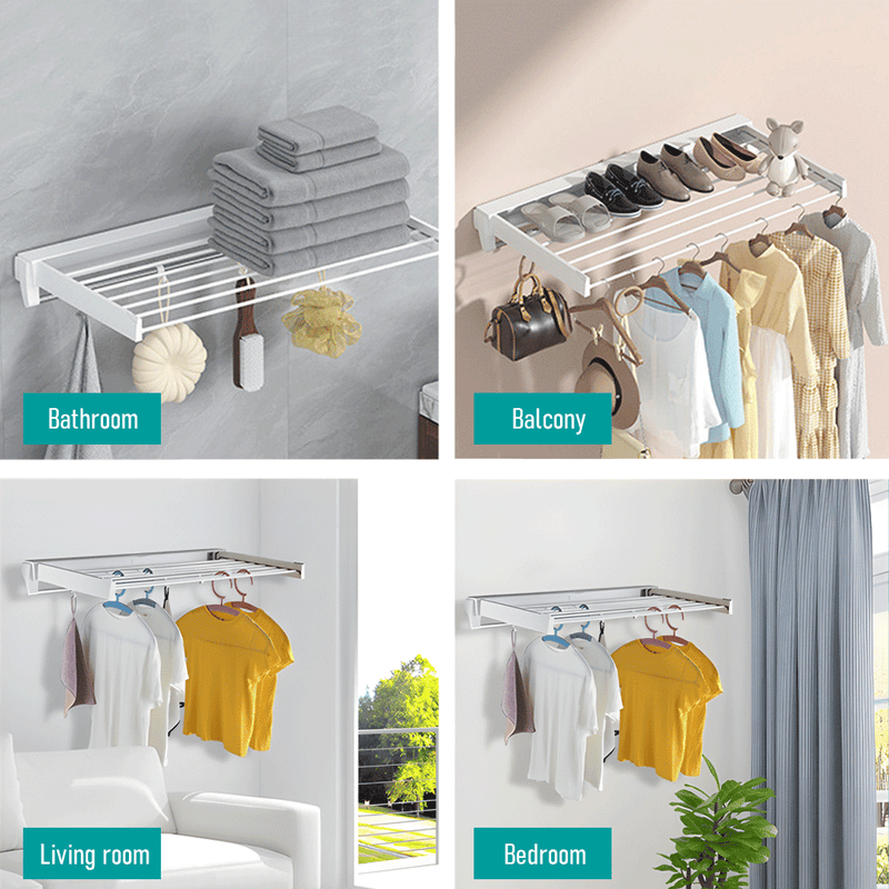 Wall Mounted Drying Rack Clothes Airer Space Saver Folding Dryer Bearing Capacity 25KG Foldable Rail With Hooks Indoor Outdoor Balcony Laundry White