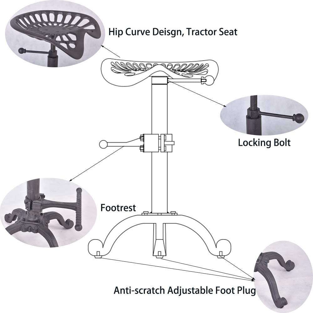 Adjustable Bar Stool Kitchen Swivel Counter Barstool Dinning Chair Hip Curve Design Tractor Seat Stool Cast Iron 56-74cm for Dinning Cafe Outdoor Indoor