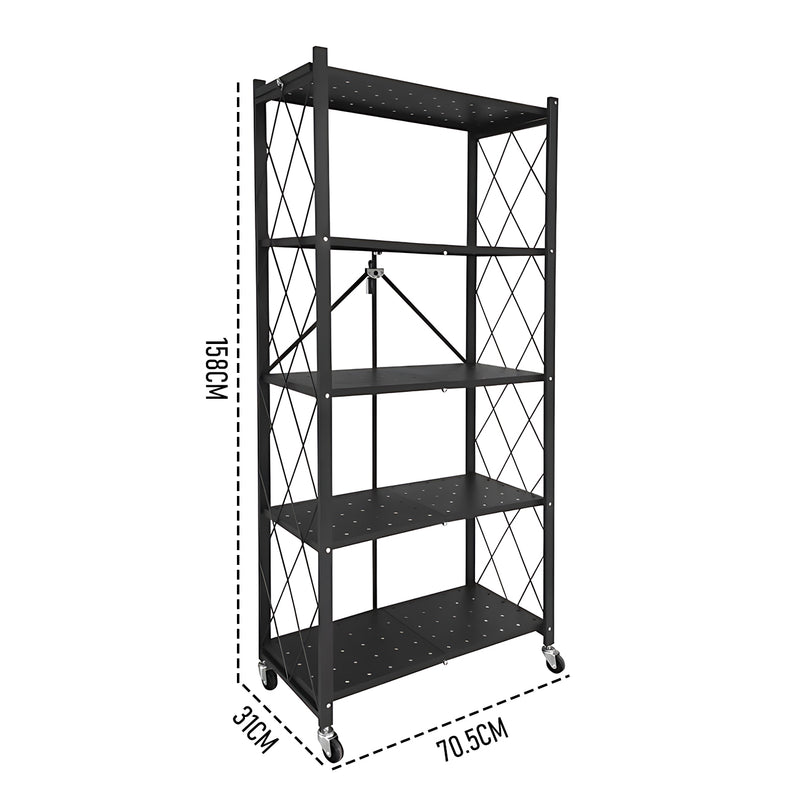 5 Tier Foldable Shelf Metal Display Rack Floor Standing Storage Capacity 100kg with Wheels for Commercial Retail Stores Bookcase Home Organizer Black