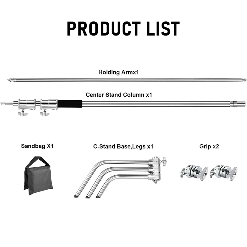 3.3m Heavy-Duty Stainless Steel C-Stand with Boom Arm Grip Head Adjustable Light Stand for Photograph Studio Reflectors Softbox Moonlight with Sandbag