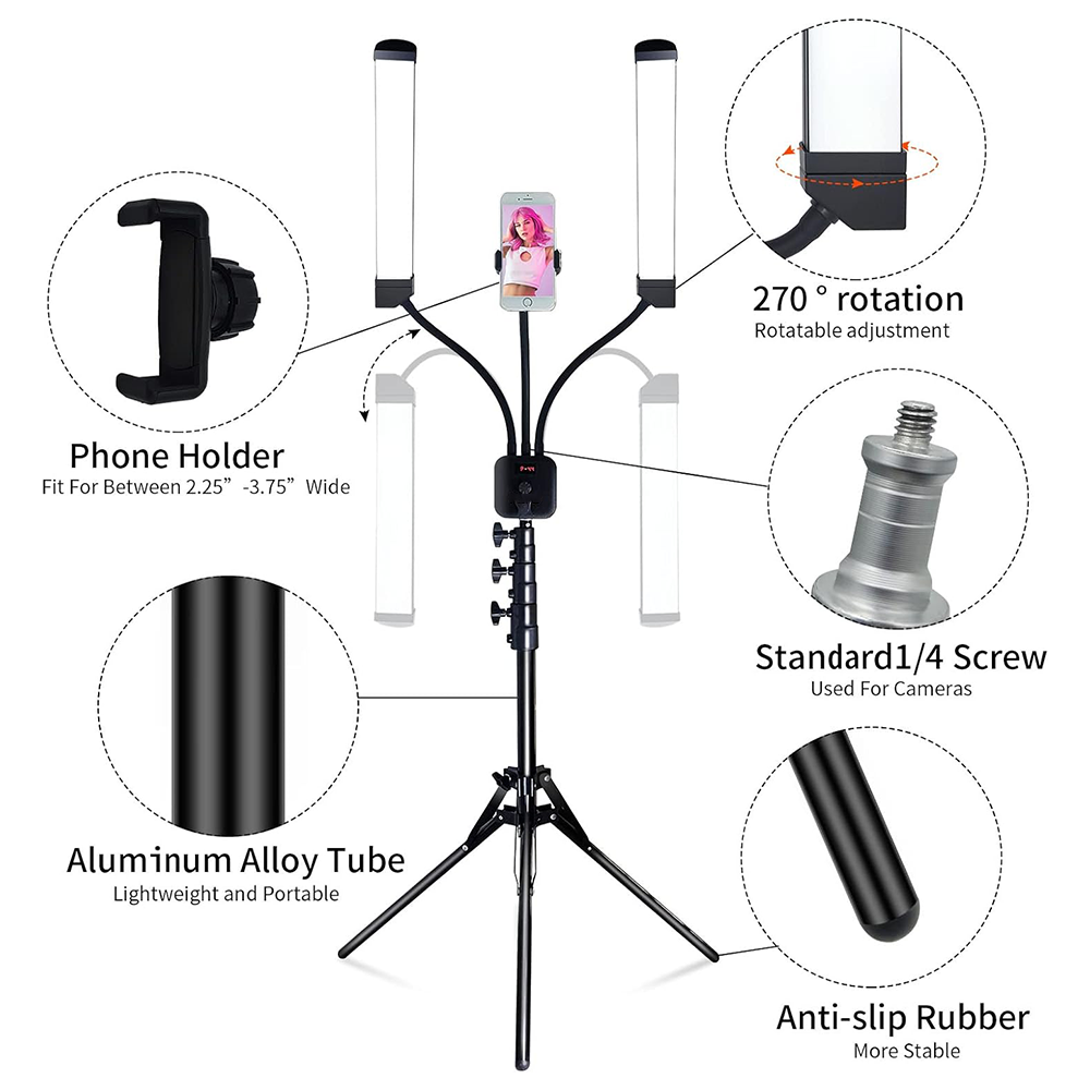 2M 2 Heads LED Beauty Light Stand LED Video Light Dimmable LED Adjustable Stand Photography Kit for Eyelash Extensions Makeup Tattoo with Phone Holder