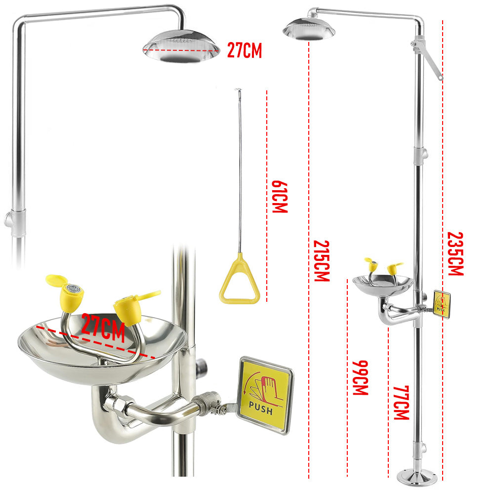 Eye Wash Station Emergency Shower Combination First Aid Face Eye Washer Continuous Flow with Pedal Luminous Sign Stainless Steel