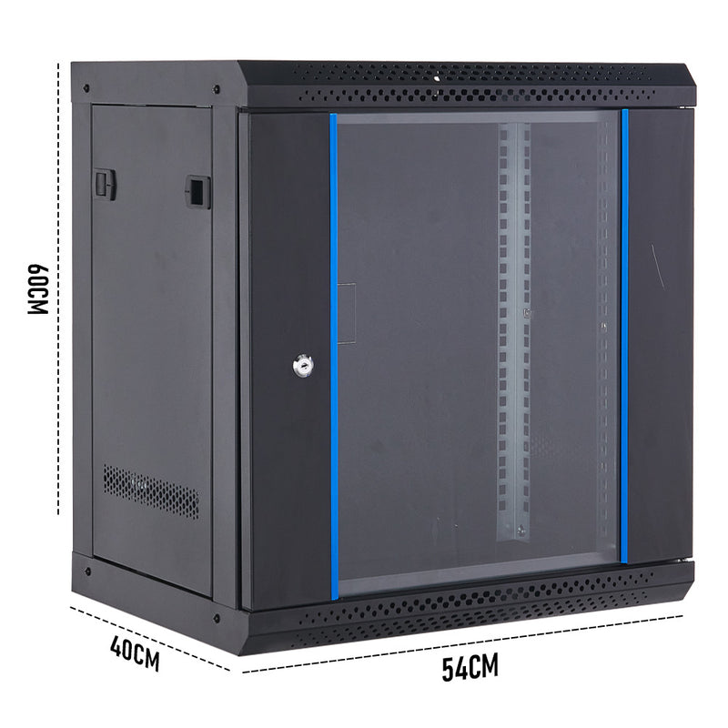 12U Cabinet Server Network Data Rack Wall Mount LAN Rack IT Equipment 20kg Max with Lockable Glass Door and Removable Side Panels 400mm Deep Overall 0.6mm