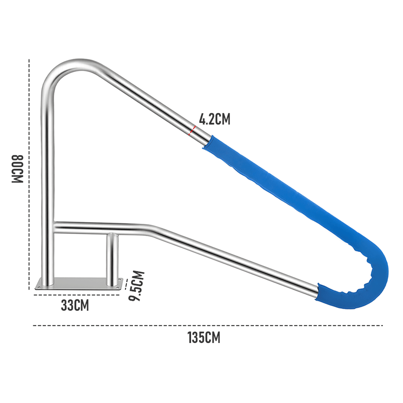 Swimming Pool Handrails 304 Stainless Steel Pool Railing Ladder Steps Grab Bars With Base Plate and Blue Grip Cover 135x80cm