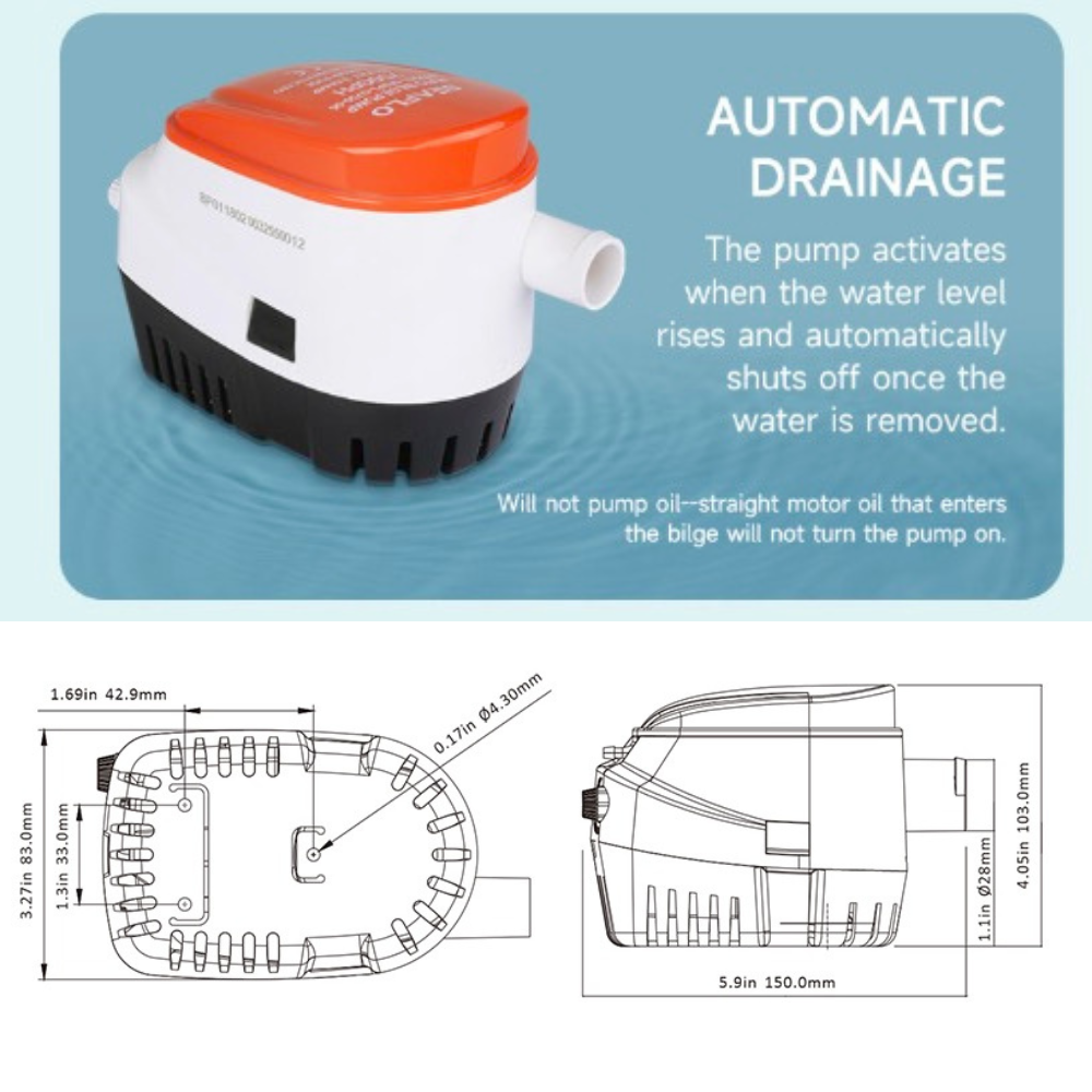 SEAFLO 1100 GPH Automatic Bilge Pump 12V with Built-in Switch Hose Clamps 4.5ft PVC Hose 1-Inch Thru-Hull Fitting for Boats Fully Submersible Durable