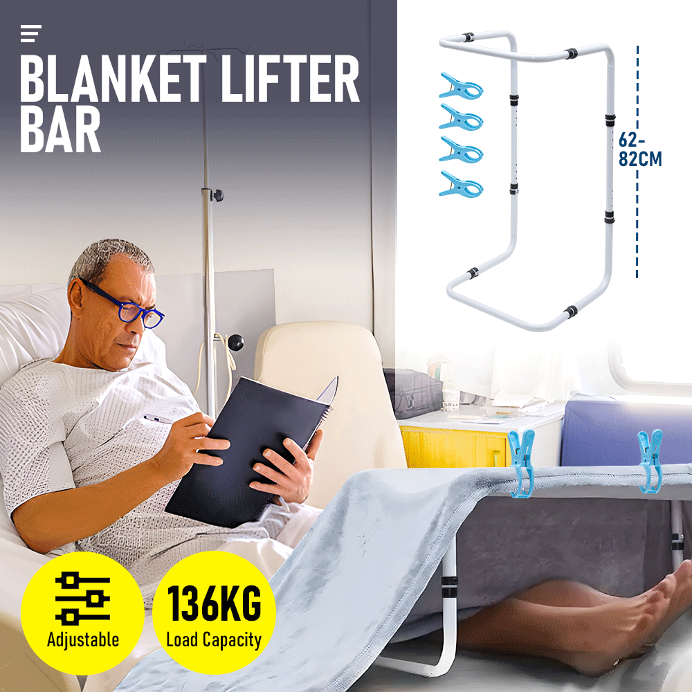 Blanket Lifter Bar 62-82cm Height Adjustable Feet Tent Steel Bed Cradle Max Load 136kg with 4 Clips for Feet Toes Leg Knee Ankle Post Surgery Recovery