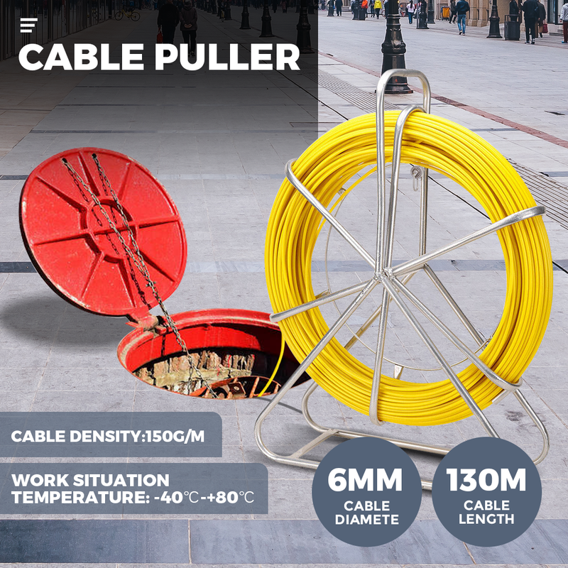 6mm 130M Fish Tape Puller Fiberglass Rodder with Steel Reel Cage Traceable Cable Duct Rodder Snake Copper Guiding Wire Telstra NBN Tool Non-Conduct