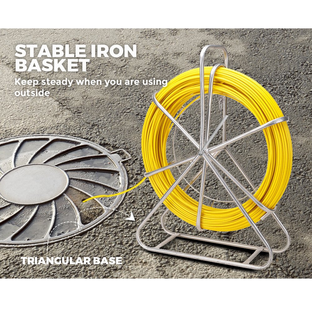 Alston 6mm 130M Fish Tape Puller Fiberglass Rodder with Steel Reel Cage Traceable Cable Duct Rodder Snake Copper Guiding Wire Telstra NBN Tool Non-Conduct