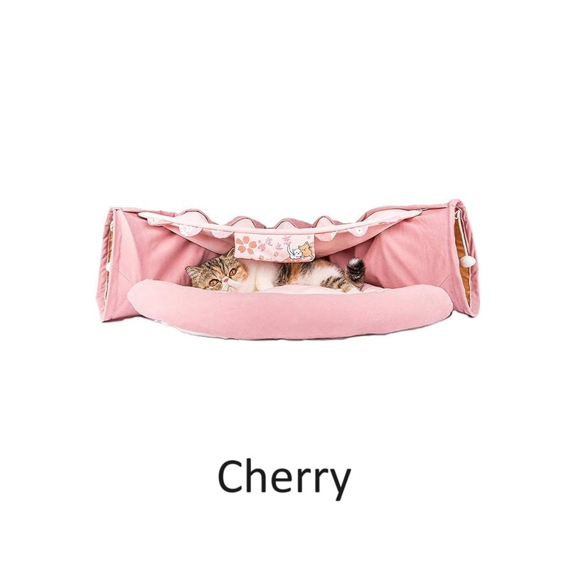 Cat Bed with Tunnel Large Foldable Soft Cushion Bedding Cherry Pink Washable 2-in-1 Cat Bed Cherry